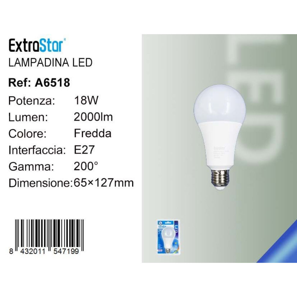 Lampadina LED E27 18W 2000LM - Luce Fredda 6500KExtrastar