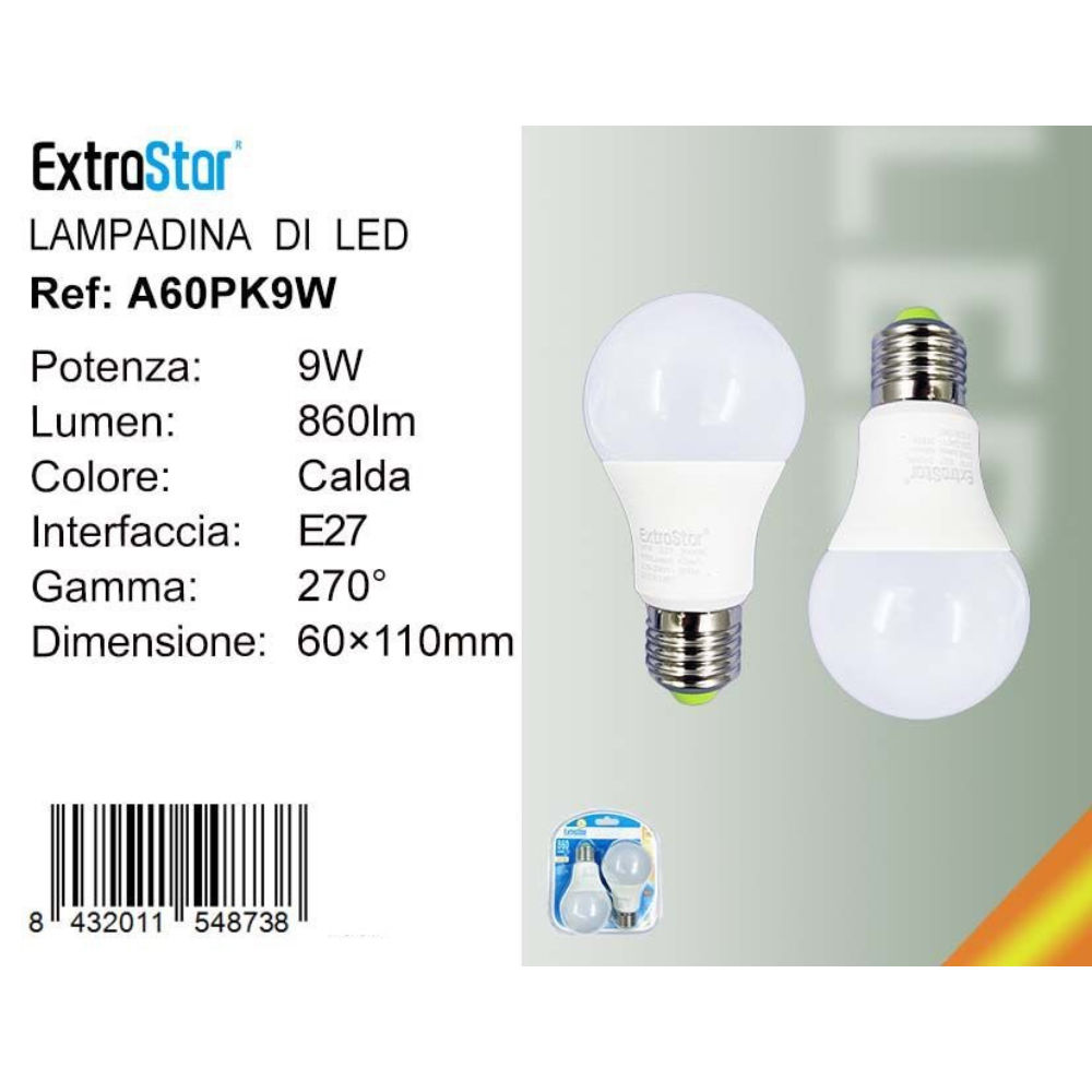 Lampadina LED E27 9W 860LM - Luce Calda 3000K - 2pzExtrastar