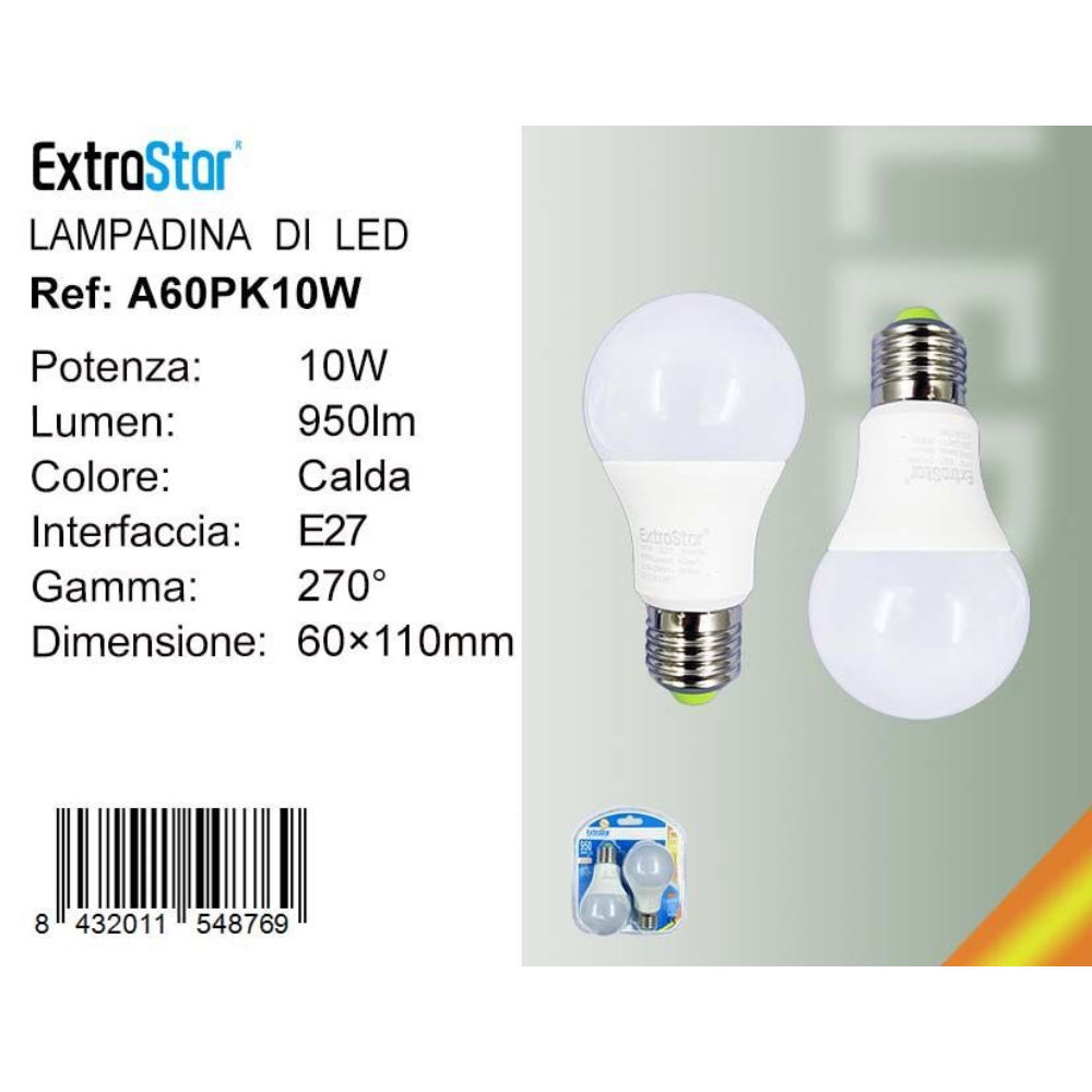 Lampadina LED E27 10W 950LM - Luce Calda 3000K - 2pzExtrastar