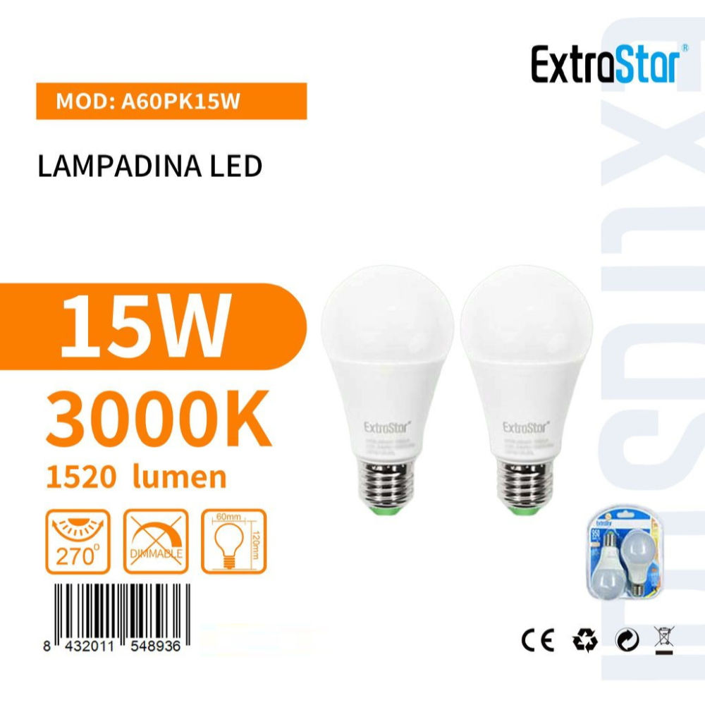 Lampadina LED E27 15W 1520LM - Luce Calda 3000K - 2pzExtrastar