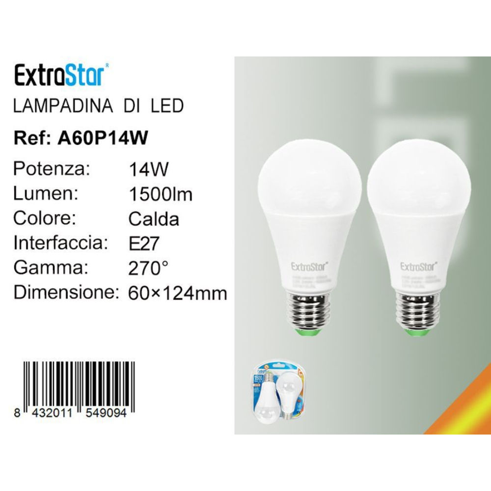 Lampadina LED E27 14W 1500LM - Luce Calda 3000K - 2pzExtrastar