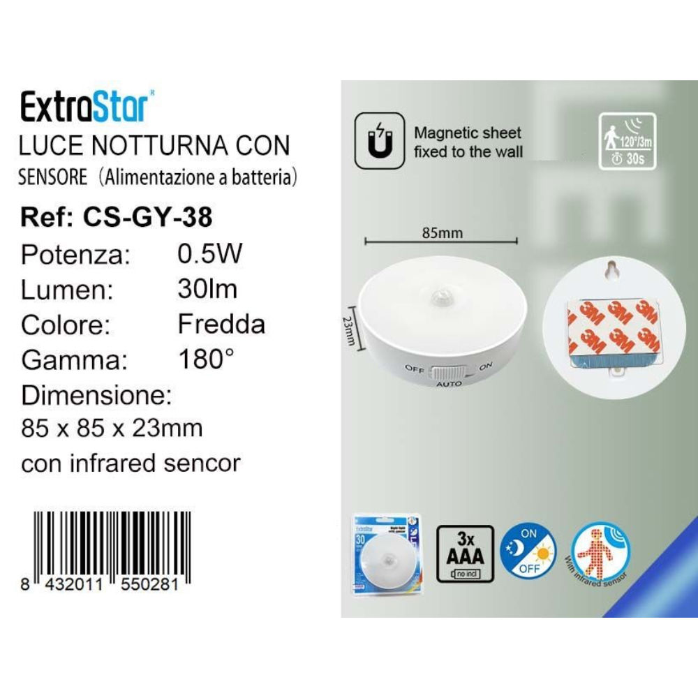LUCE NOTTURANA CON SENSORE 0.5W - 6500KExtrastar