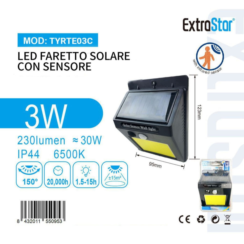FARETTO SOLARE CON SENSORE 3W 230LM - 6500KExtrastar