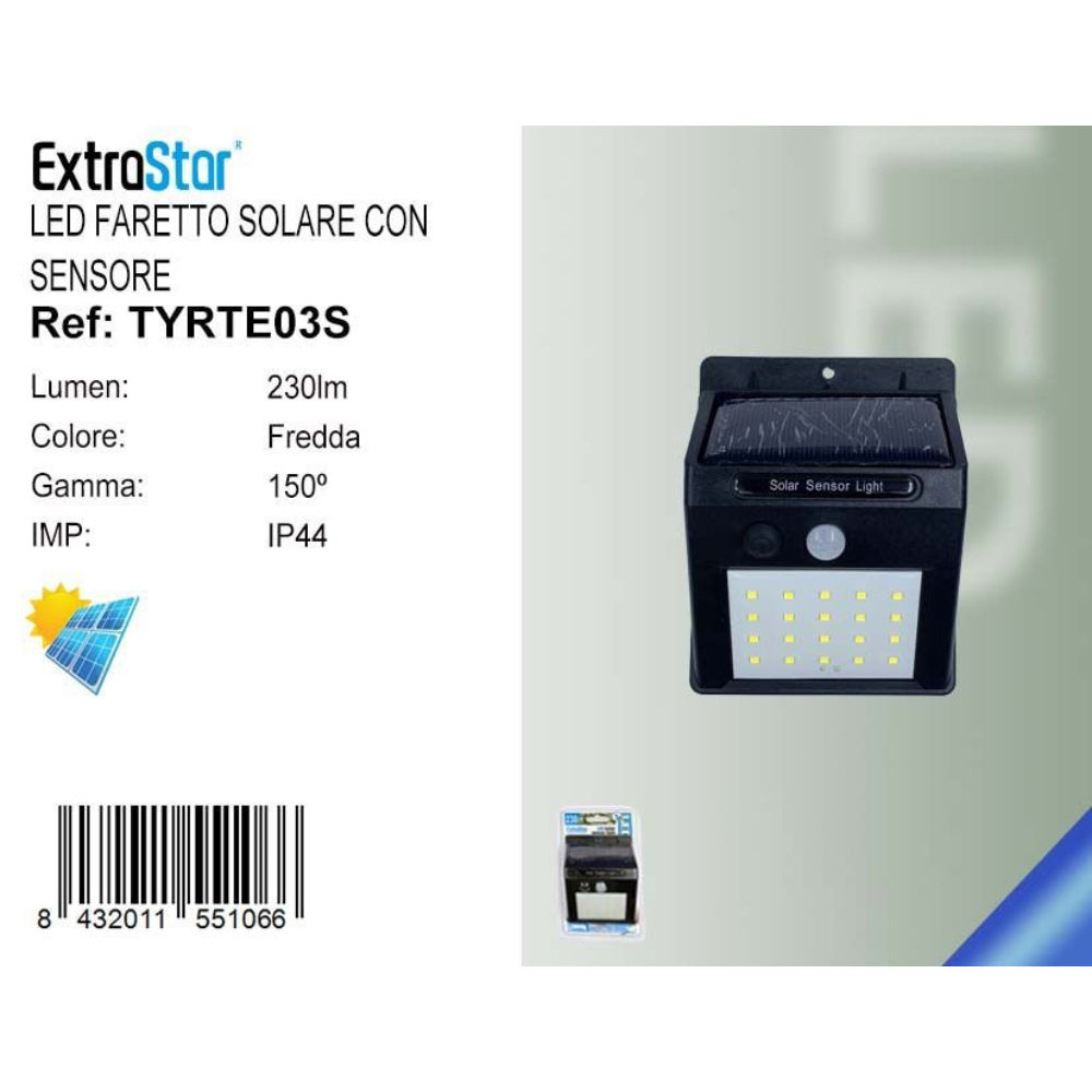 FARETTO SOLARE CON SENSORE 3W 230LM - 6500KExtrastar