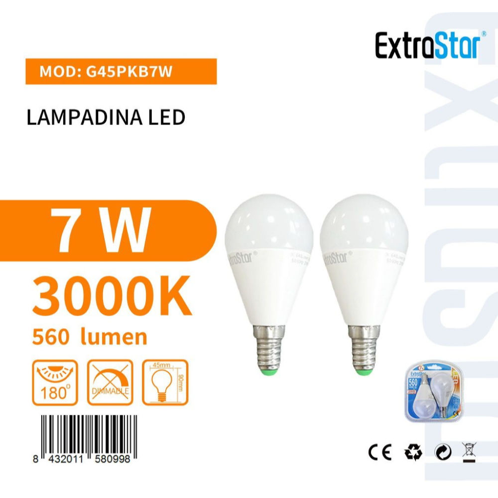 Lampadina LED E14 7W 560LM - Luce Calda 3000K - 2pzExtrastar