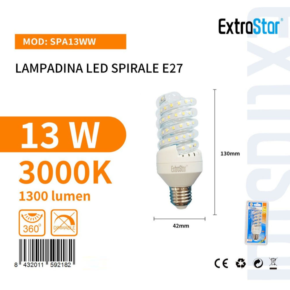 Lampadina LED Spirale E27 13W 1300LM - Luce Calda 3000KExtrastar