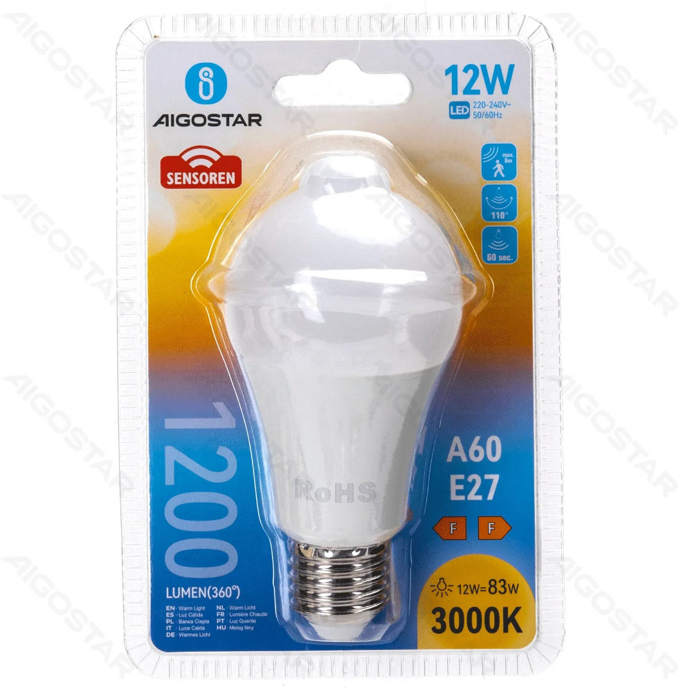 LAMPADINA LED A60 CON SENSORE E27 12W - LUCE CALDAAigostar