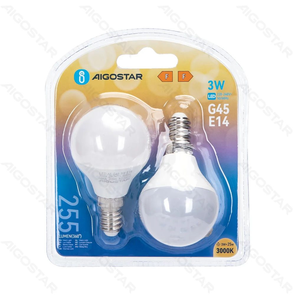 MINI GLOBO LED G45 E14 3W - LUCE CALDA 255LM - 2PZAigostar