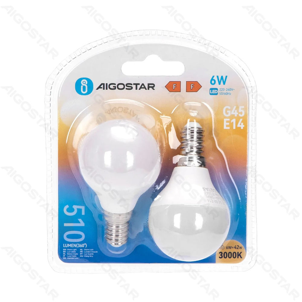 MINI GLOBO LED G45 E14 6W - LUCE CALDA 510LM - 2PZAigostar
