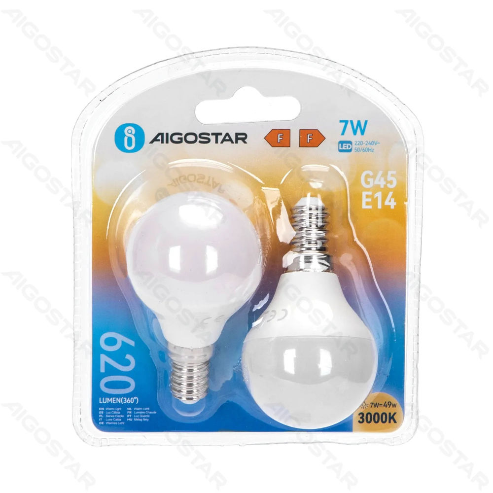 MINI GLOBO LED G45 E14 7W - LUCE CALDA 620LM - 2PZAigostar