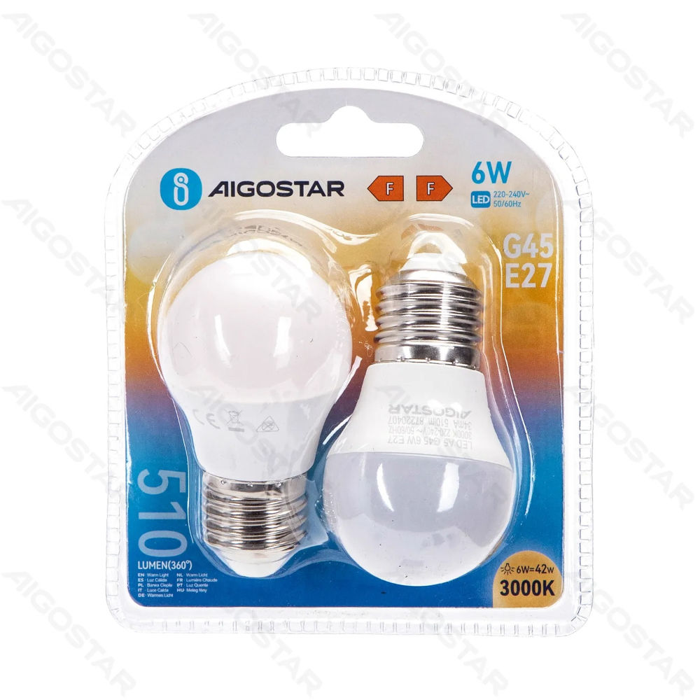 MINI GLOBO LED G45 E27 6W - LUCE CALDA 510LM - 2PZAigostar