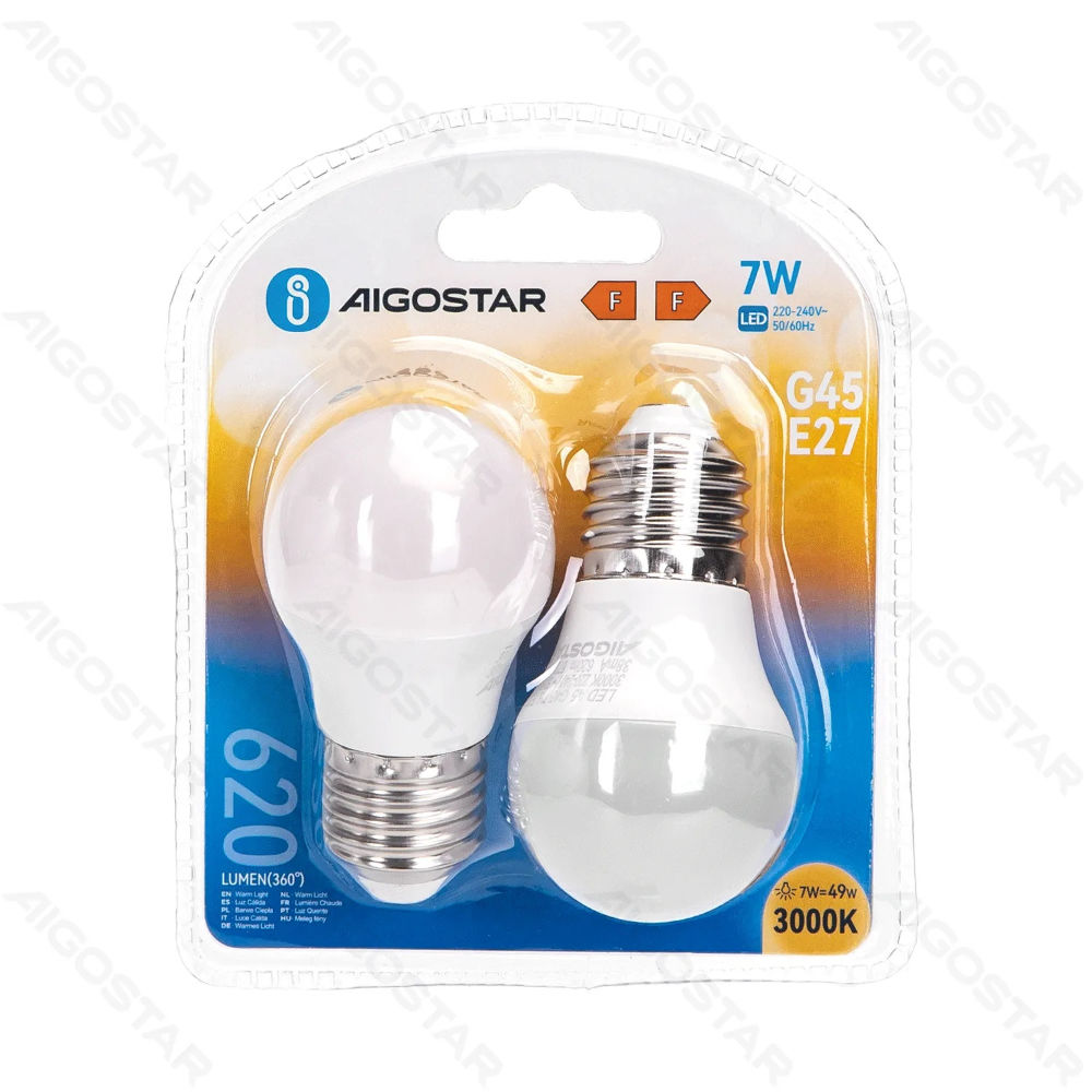 MINI GLOBO LED G45 E27 7W - LUCE CALDA 620LM - 2PZAigostar