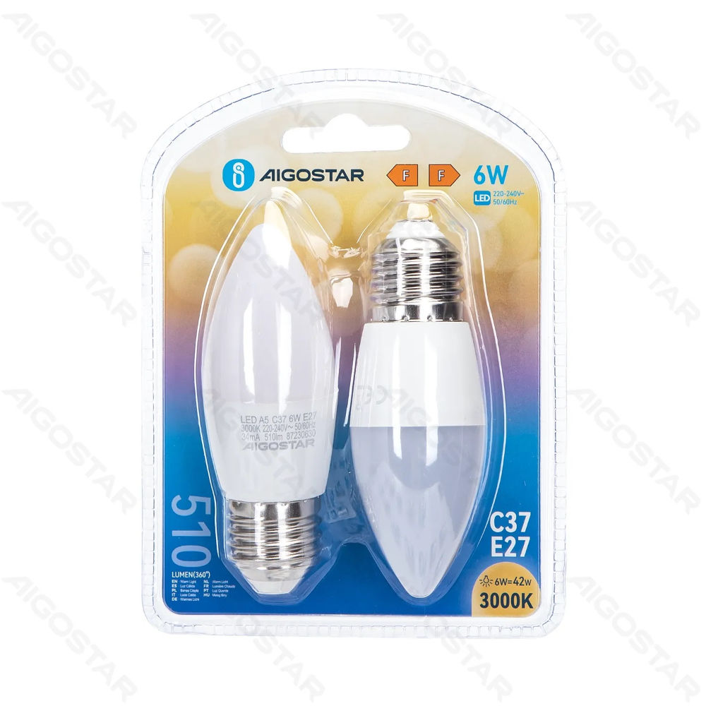 LAMPADINA LED C37 E27 6W - LUCE CALDA 510LM - 2PZAigostar