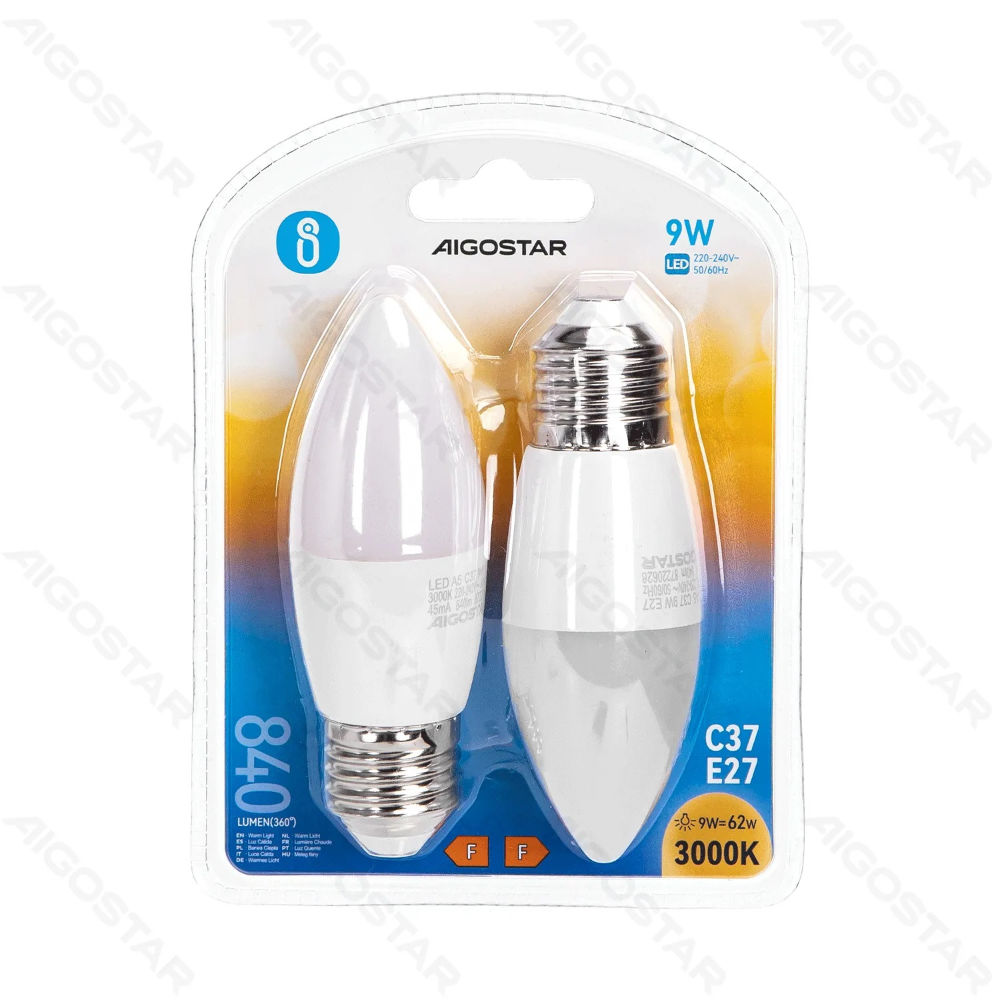 LAMPADINA LED C37 E27 9W - LUCE CALDA 840LM - 2PZAigostar