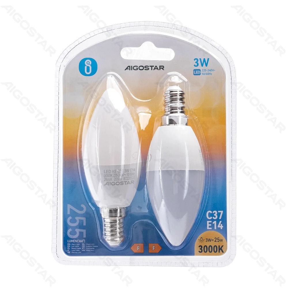 LAMPADINA LED C37 E14 3W - LUCE CALDA 255LM - 2PZAigostar