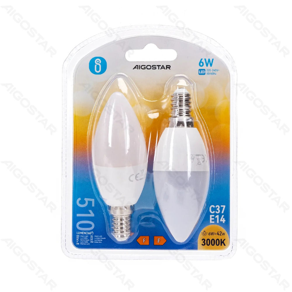 LAMPADINA LED C37 E14 6W - LUCE CALDA 510LM - 2PZAigostar