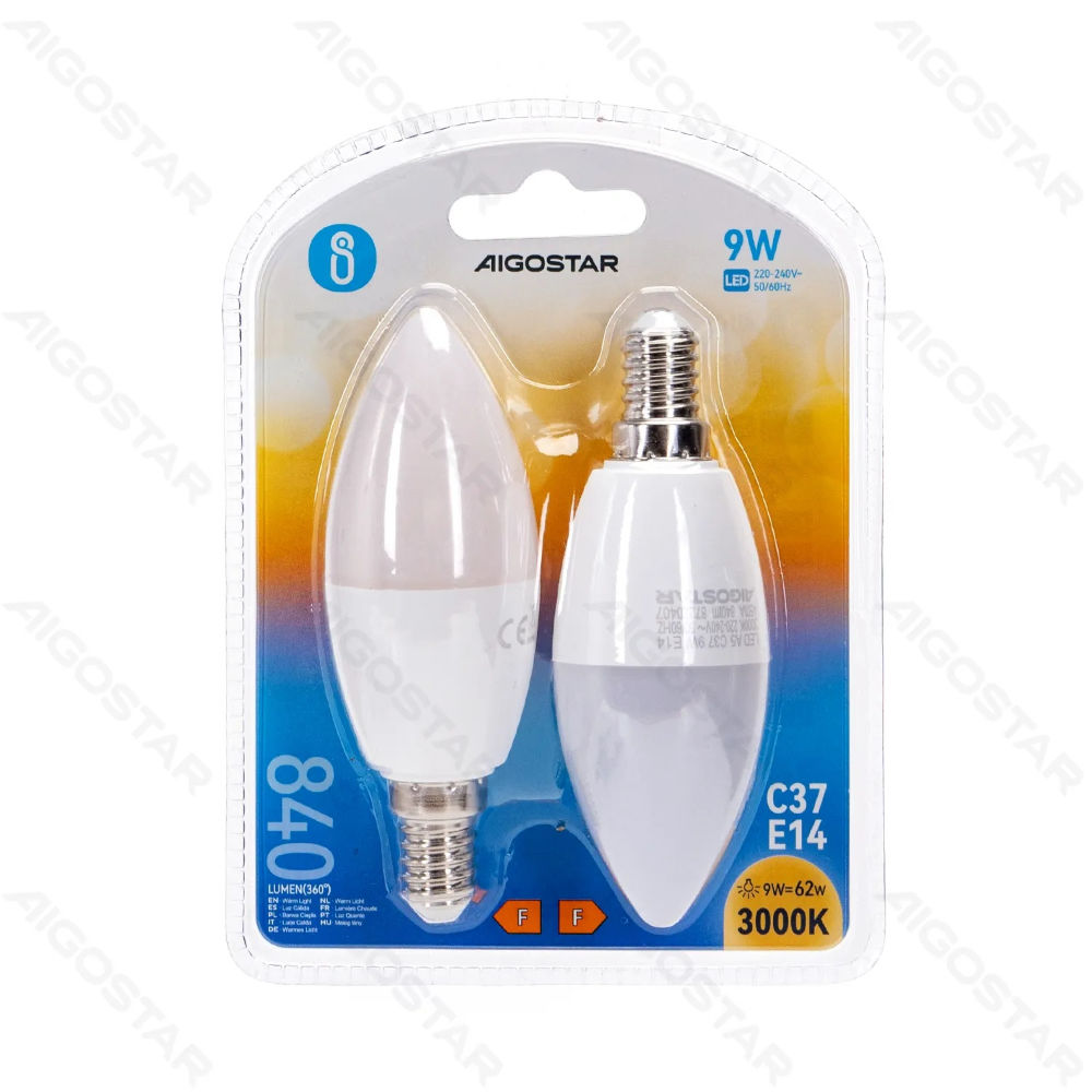 LAMPADINA LED C37 E14 9W - LUCE CALDA 840LM - 2PZAigostar