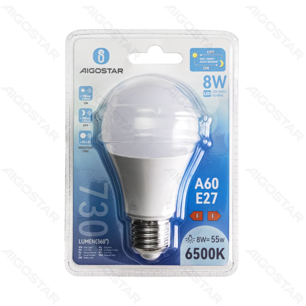 LED A60 CON SENSORE DI LUMINOSITÀ E27 8W - 6500KAigostar