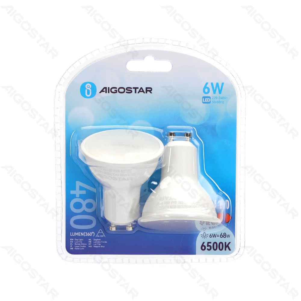 LED GU10 6W - LUCE FREDDA 6500K 480LM - 2PZAigostar