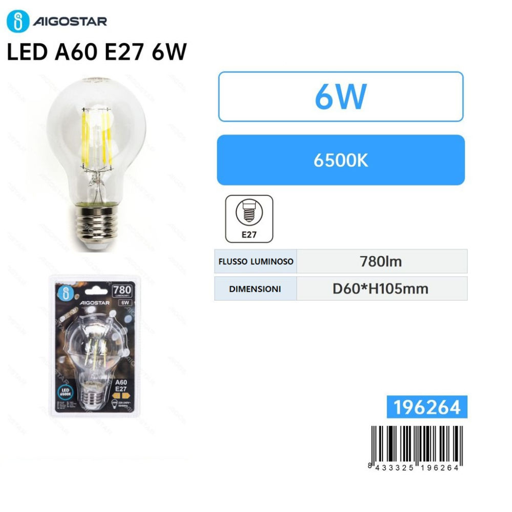 Lampadina LED A60 E27 6W - Luce Fredda 780lmAigostar