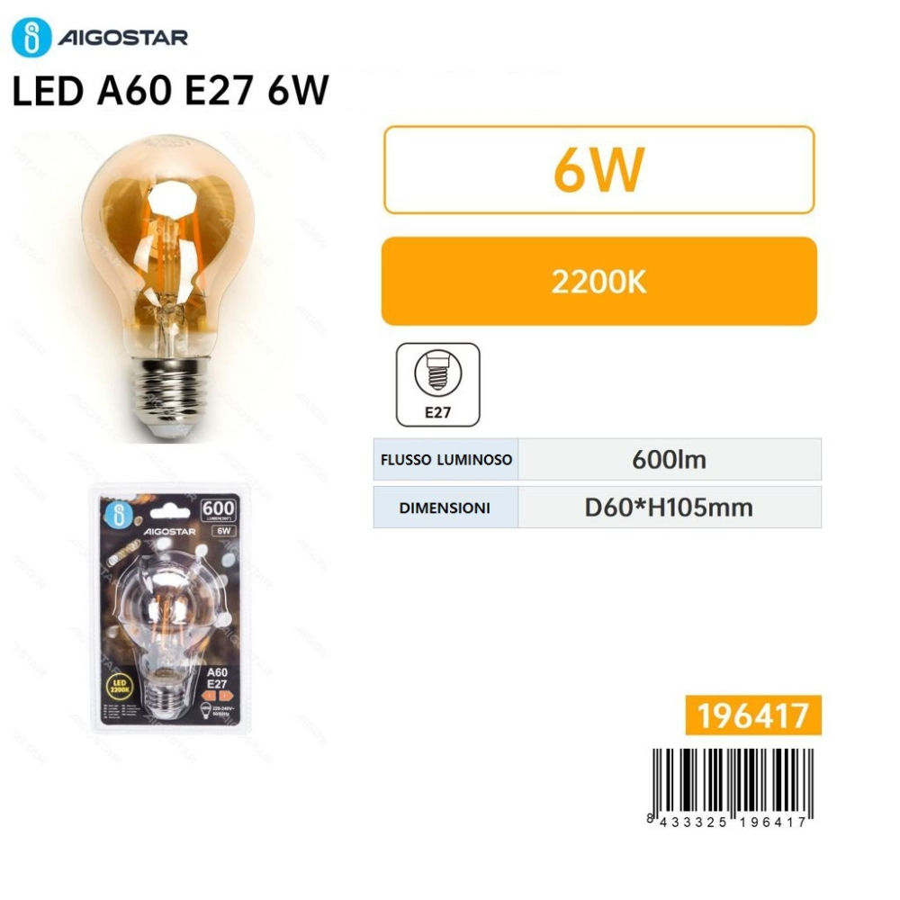 Lampadina LED Ambrata A60 E27 6W - Luce Calda 600mlAigostar