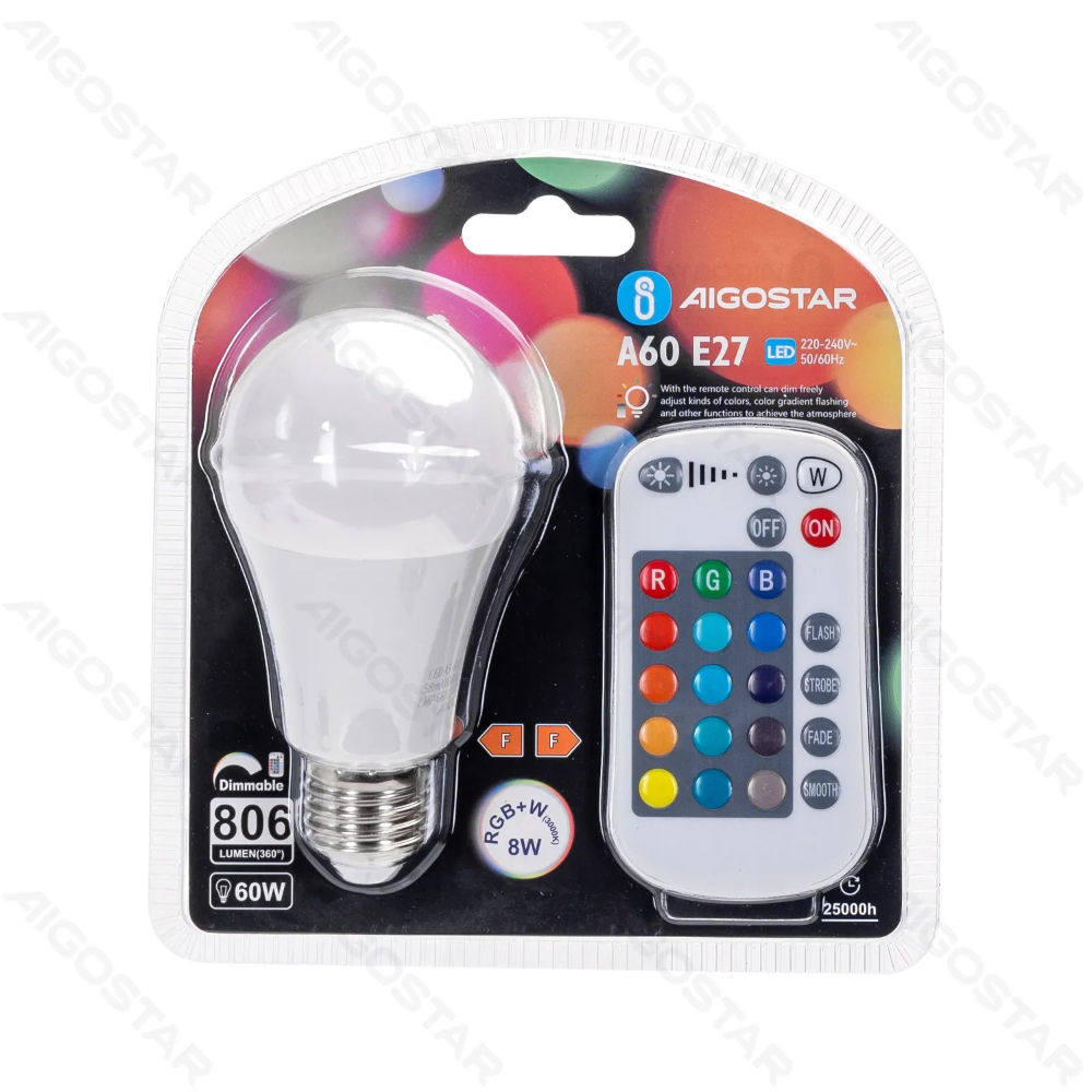 LAMPADINA LED A60 E27 8W - LUCE RGB CON TELECOMANDOAigostar