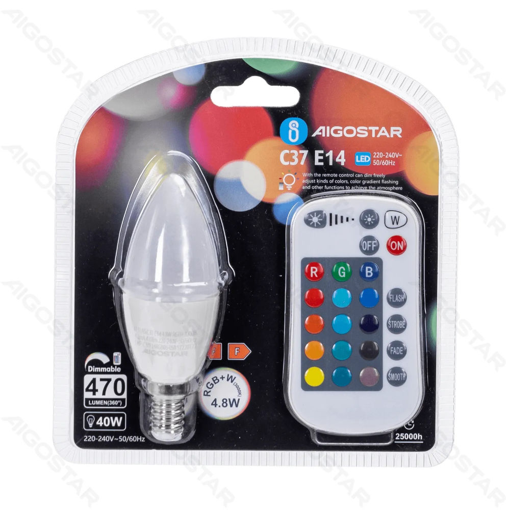 LAMPADINA LED C37 E14 4.8W - LUCE RGB CON TELECOMANDOAigostar