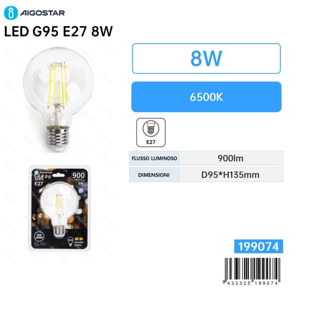 Lampadina LED G95 E27 8W - Luce Fredda 900lmAigostar