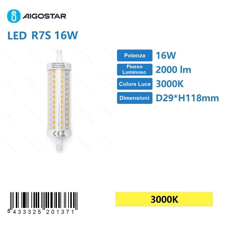 LAMPADINA LED R7S 16W - LUCE CALDA 2000LM - 118MMAigostar