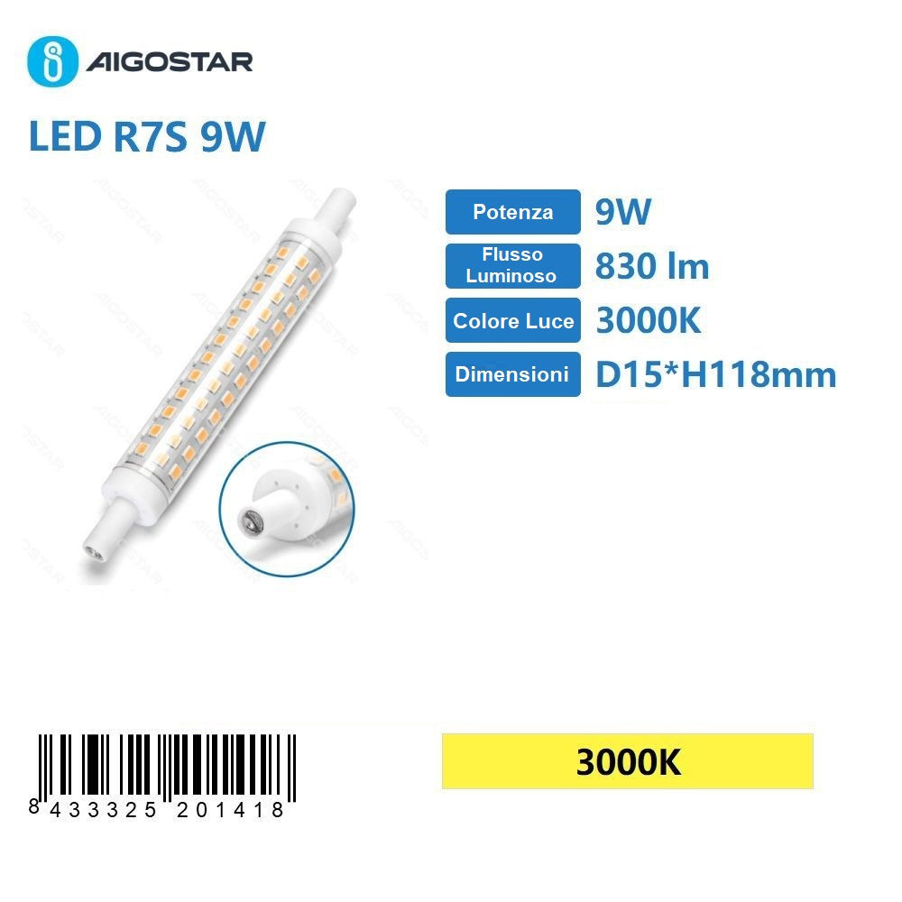 LAMPADINA LED R7S 9W - LUCE CALDA 830LM - 118MMAigostar