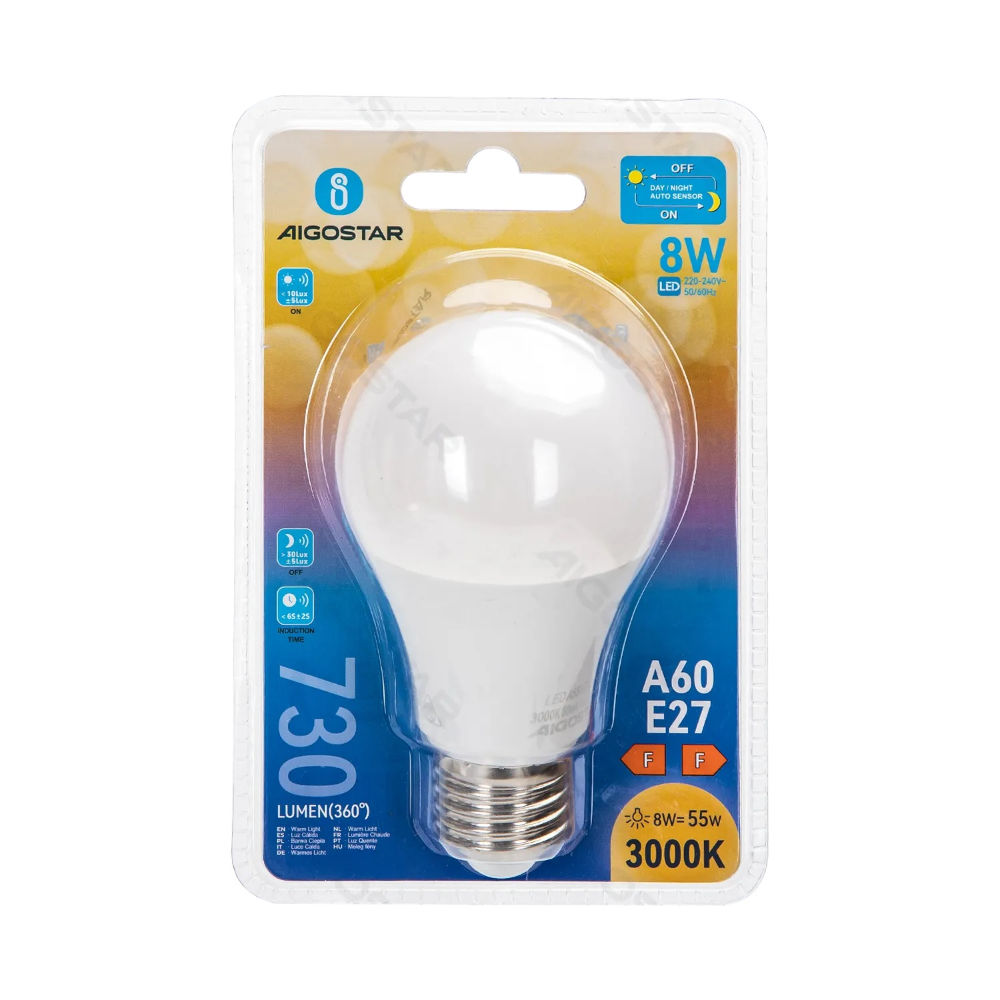 LED A60 CON SENSORE DI LUMINOSITÀ E27 8W - 3000KAigostar