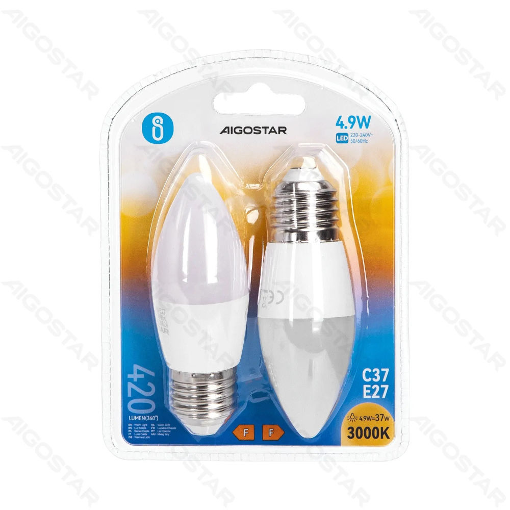 LAMPADINE LED C37 E27 4.9W - LUCE CALDA 420LM - 2PZAigostar