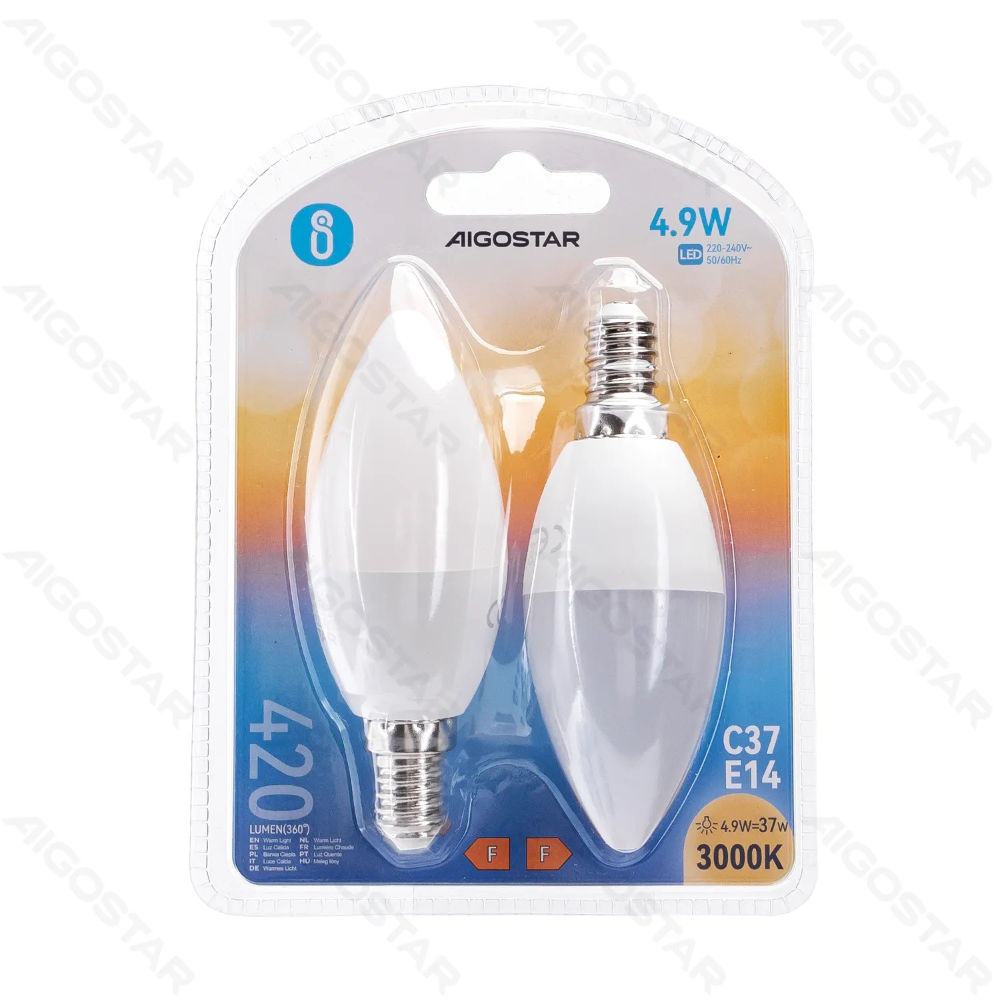 LAMPADINA LED C37 E14 4.9W - LUCE CALDA 420LM - 2PZAigostar