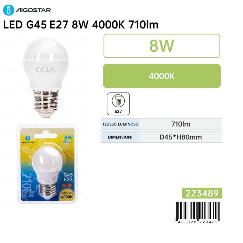 Lampadina LED G45 E27 8W - Luce Neutra 710lmAigostar