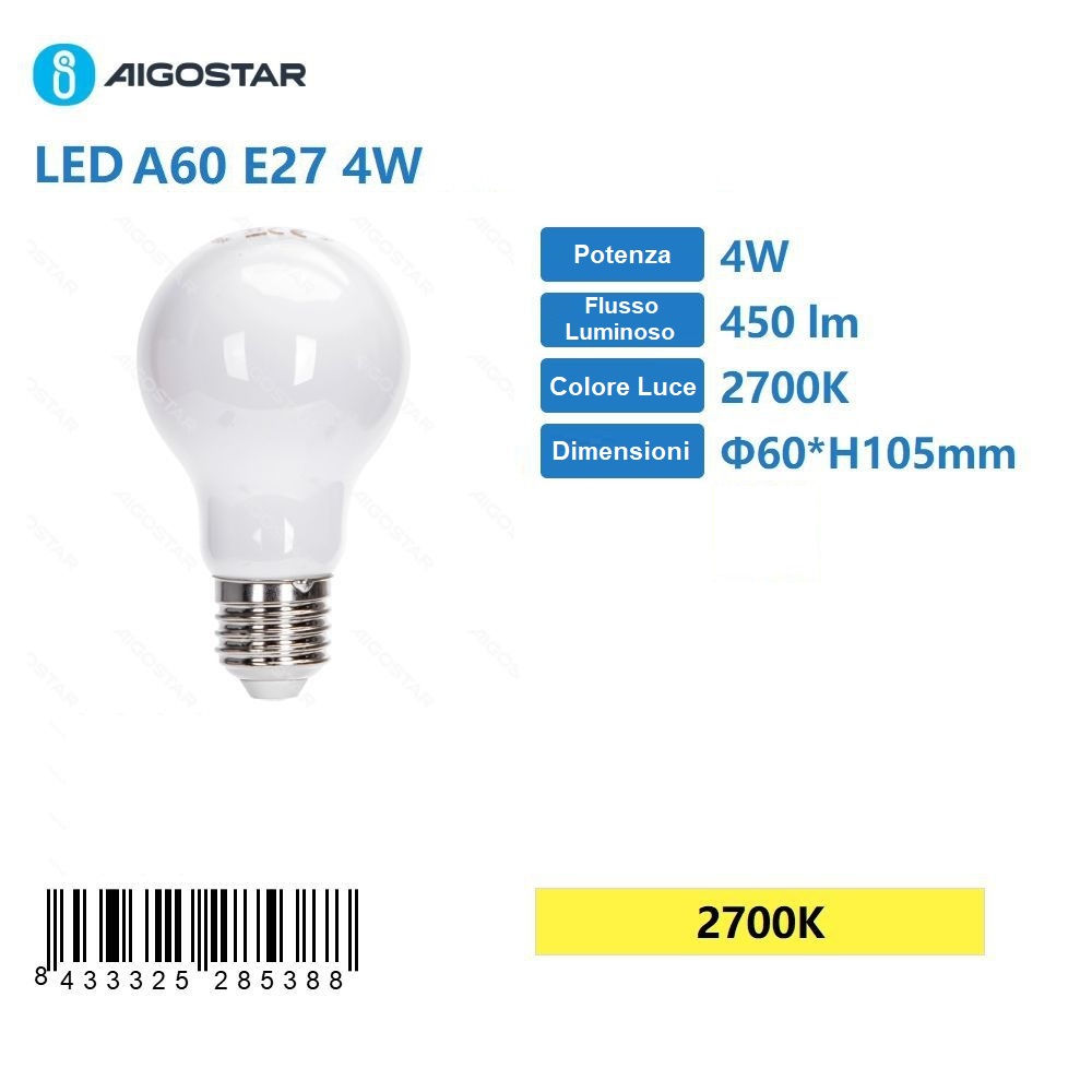 LAMPADINA LED BIANCO A60 E27 4W - LUCE CALDA 2700KAigostar