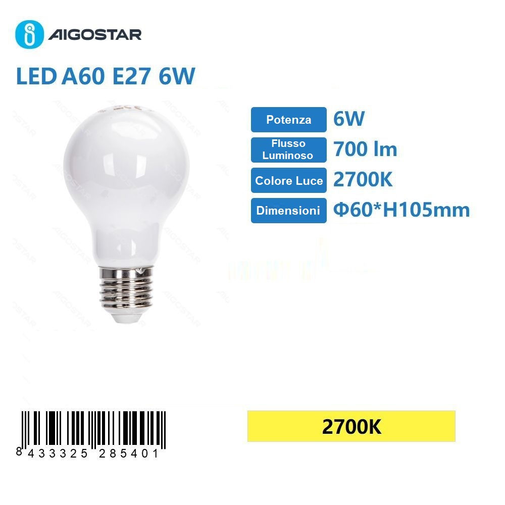 LAMPADINA LED BIANCO A60 E27 6W - LUCE CALDA 2700KAigostar