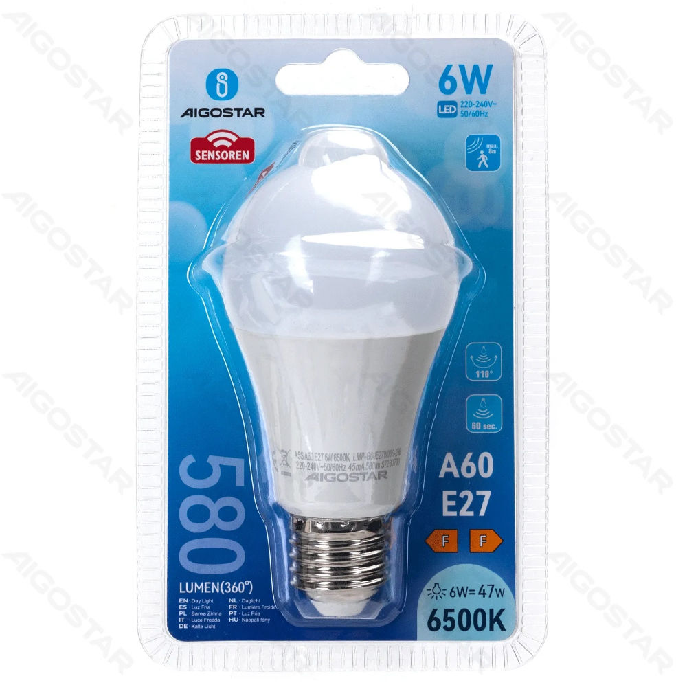 LED A60 E27 6W CON SENSORE INFRAROSSI(6W,E27,6500KAigostar