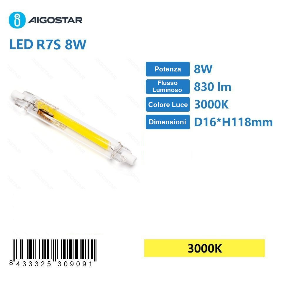 LAMPADINA LED R7S 8W - LUCE CALDA 830LM - 118MMAigostar