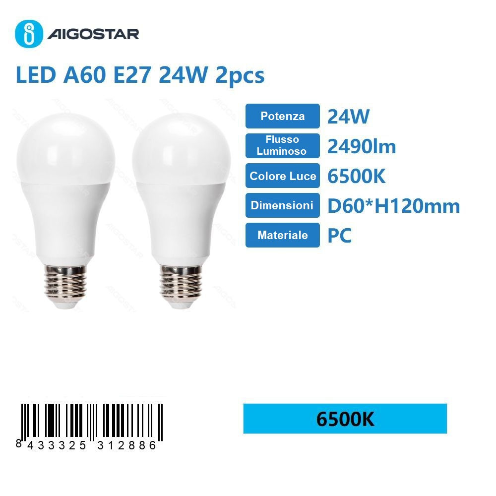 LAMPADINA LED A60 E27 24W - LUCE FREDDA 2490LM - 2PZAigostar