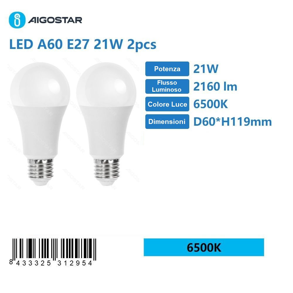 LAMPADINA LED A60 E27 21W - LUCE FREDDA 2160LM - 2PZAigostar