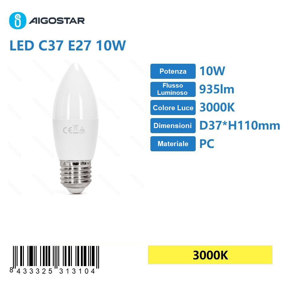 LAMPADINA LED C37 E27 10W - LUCE CALDA - 935LMAigostar