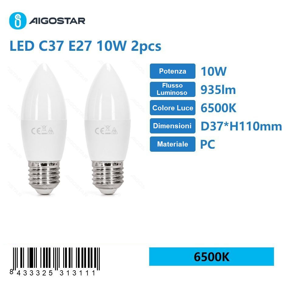 LAMPADINA LED C37 E27 10W - LUCE FREDDA 935LM - 2PZAigostar