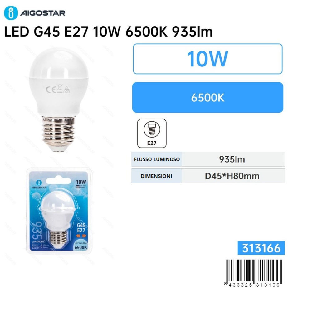 Lampadina LED G45 E27 10W - Luce Fredda 935lmAigostar