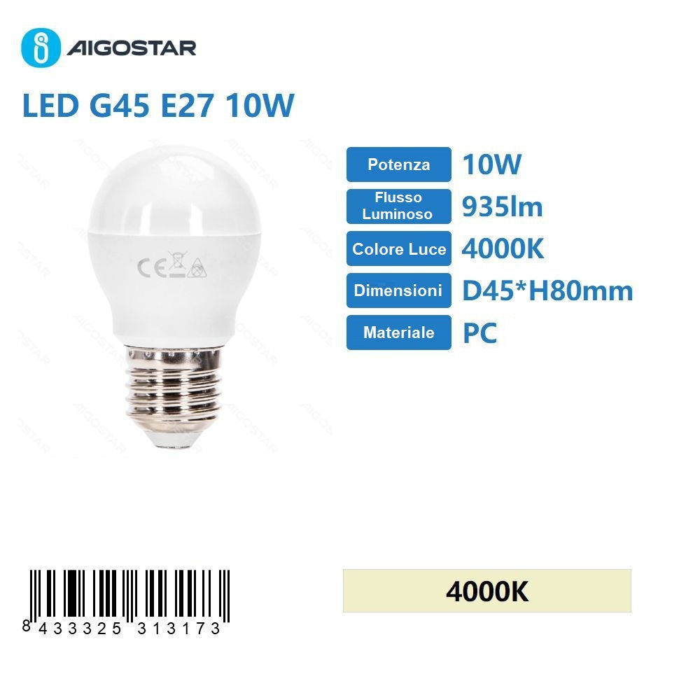 MINI GLOB LED G45 E27 10W - LUCE NEUTRA - 935LMAigostar