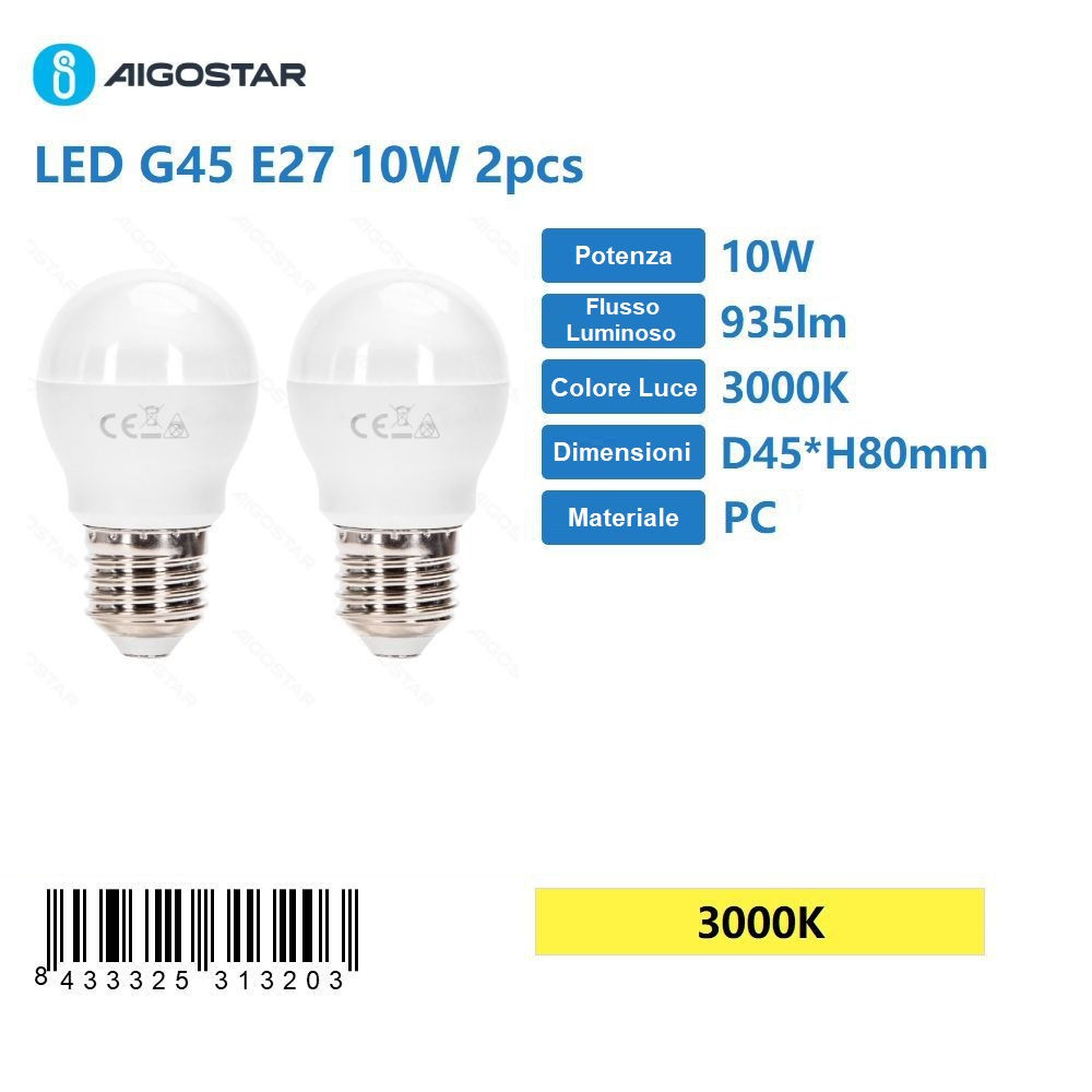 MINI GLOBO LED G45 E27 10W - LUCE CALDA 935LM - 2PZAigostar