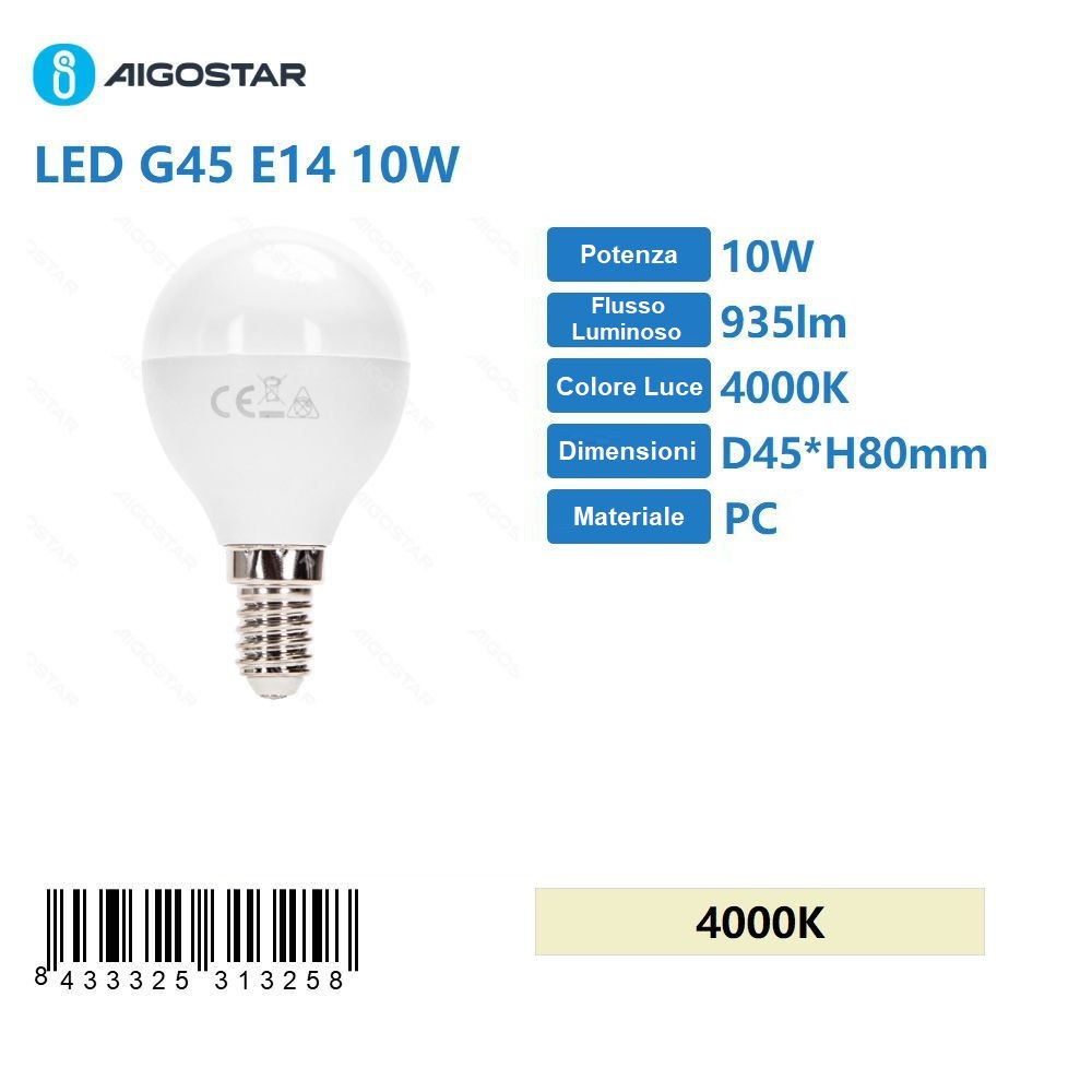 MINI GLOBO LED G45 E14 10W - LUCE NEUTRA - 935LMAigostar