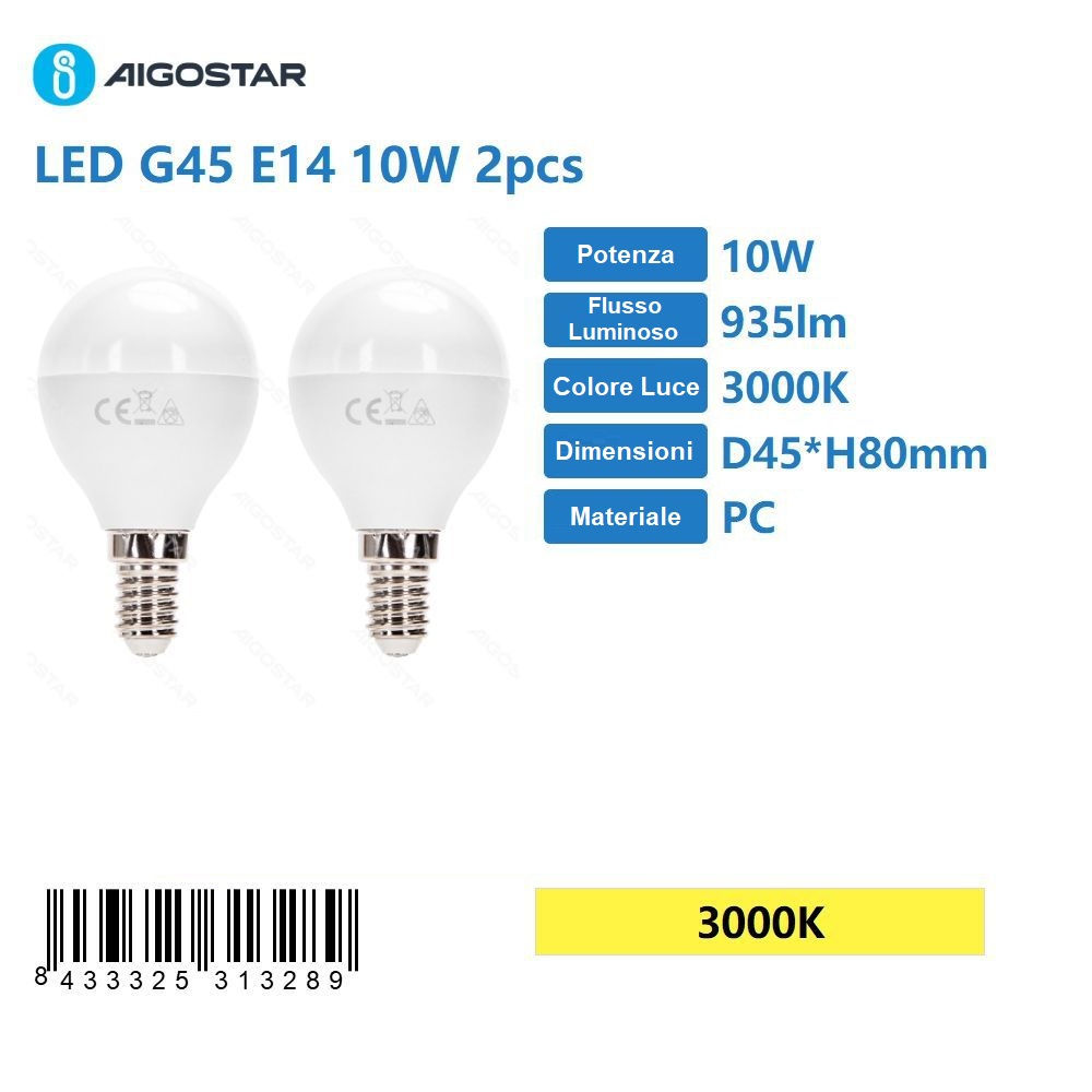 MINI GLOBO LED G45 E14 10W - LUCE CALDA 935LM - 2PZAigostar