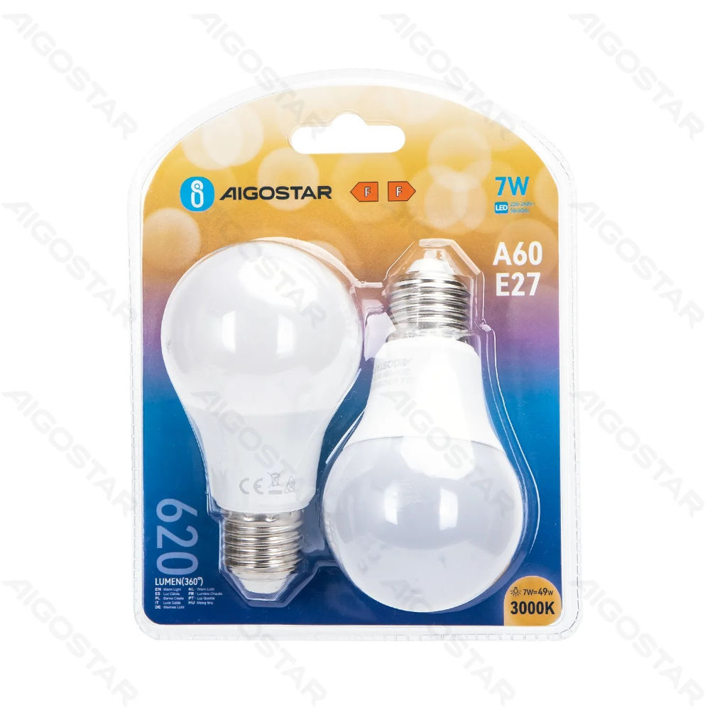 LAMPADINA LED A60 E27 7W - LUCE CALDA 620LM - 2PZAigostar