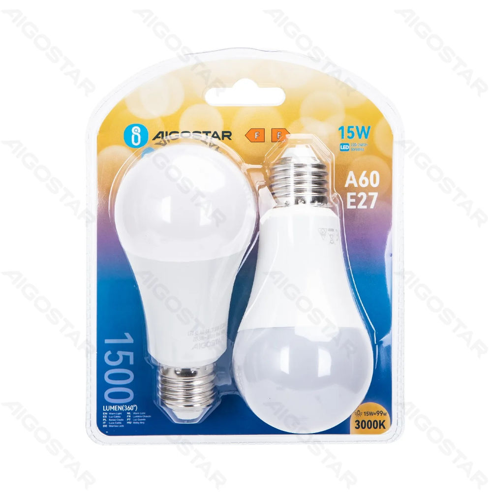LAMPADINA LED A60 E27 15W - LUCE CALDA 1500LM - 2PZAigostar