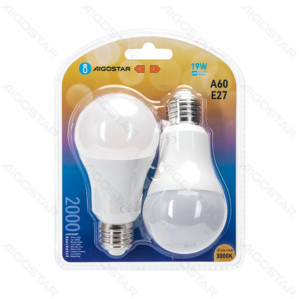 LAMPADINA LED A60 E27 19W - LUCE CALDA 2000LM - 2PZAigostar